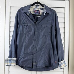English Laundry Button Down Shirt Mens XL Navy Striped Plaid Trimmed Long Sleeve